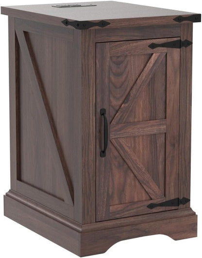 JXQTLINGMU Nightstand with Charging Station, Rectangular Farmhouse End Table with Barn Door and