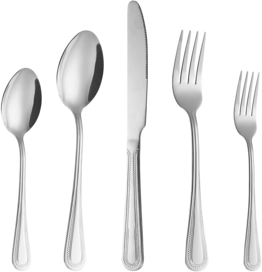 40 Pcs Silverware Set for 8 with Pearled Edge Handle design, Food Grade Stainless Steel Flatware