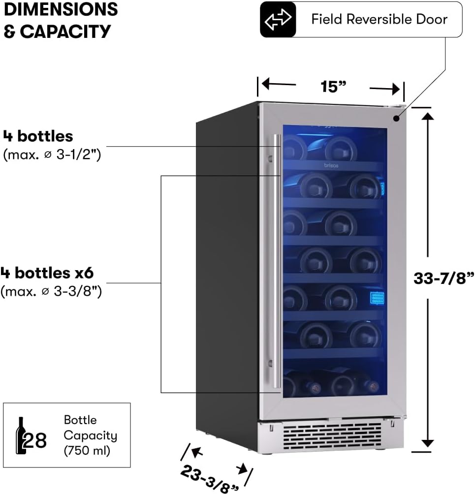 Zephyr Brisas 15 Inch Slim Wine Fridge Single Zone Under Counter - Narrow Mini Wine Cooler Small