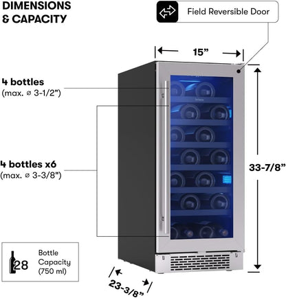 Zephyr Brisas 15 Inch Slim Wine Fridge Single Zone Under Counter - Narrow Mini Wine Cooler Small