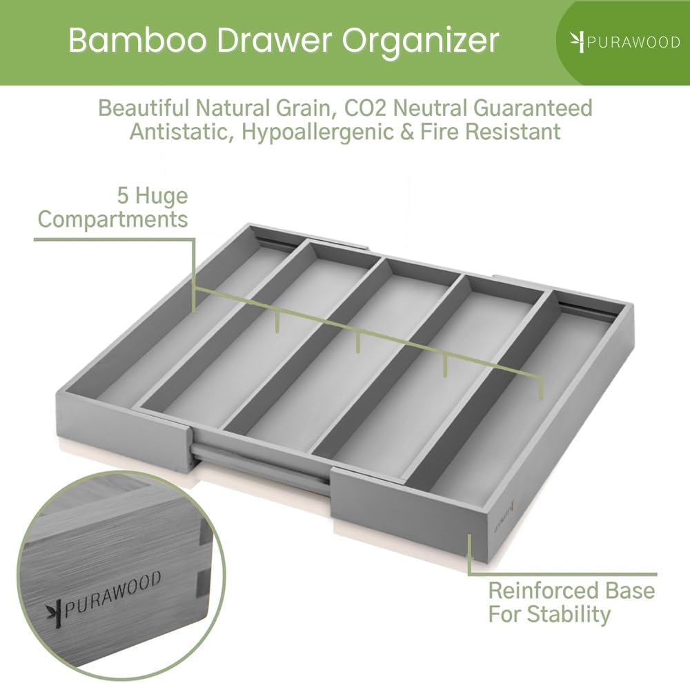Purawood Kitchen Drawer Organizer - Expandable Utensil Drawer Organizer for Kitchen, Cutlery Tray &
