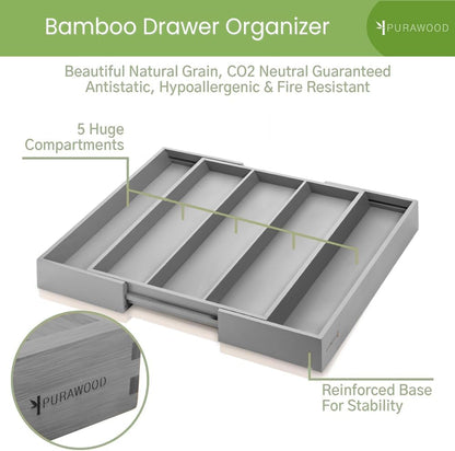 Purawood Kitchen Drawer Organizer - Expandable Utensil Drawer Organizer for Kitchen, Cutlery Tray &
