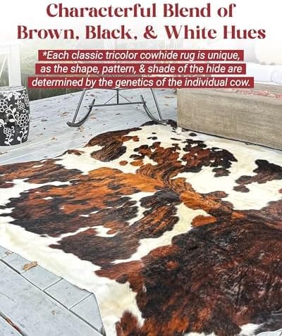 Tricolor Cowhide Rug Classic Brown, Black and White Color Mix, Natural Leather Hide, Area Rug