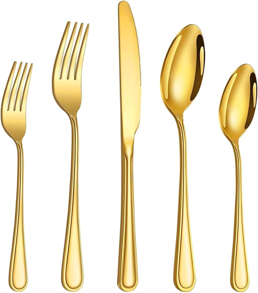 40 Pcs Gold Silverware Set for 8 with Simple Striped Handle Design, Food Grade Stainless Steel