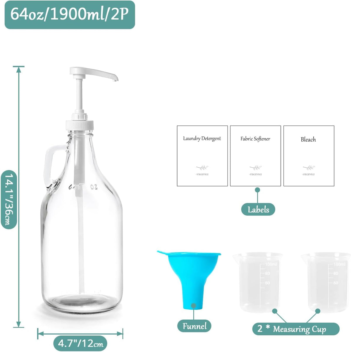 Glass Laundry Detergent Dispenser with Pump, 64OZ Liquid Laundry Soap Dispenser, Fabric Softener