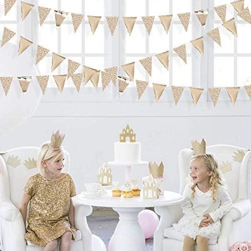 30Ft Champagne Gold Party Decorations Triangle Pennant Banner Gold Hanging Paper Flag Bunting for