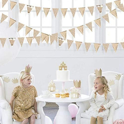 30Ft Champagne Gold Party Decorations Triangle Pennant Banner Gold Hanging Paper Flag Bunting for