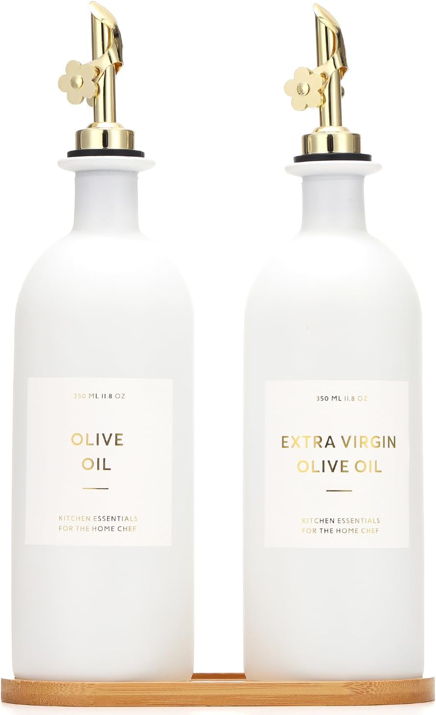 HOMCDALY Olive Oil Dispenser for Kitchen, 16oz Glass Oil Bottles with Bamboo Tray, Gold Oil&Vinegar