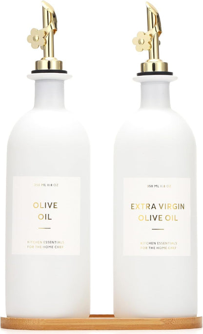 HOMCDALY Olive Oil Dispenser for Kitchen, 16oz Glass Oil Bottles with Bamboo Tray, Gold Oil&Vinegar