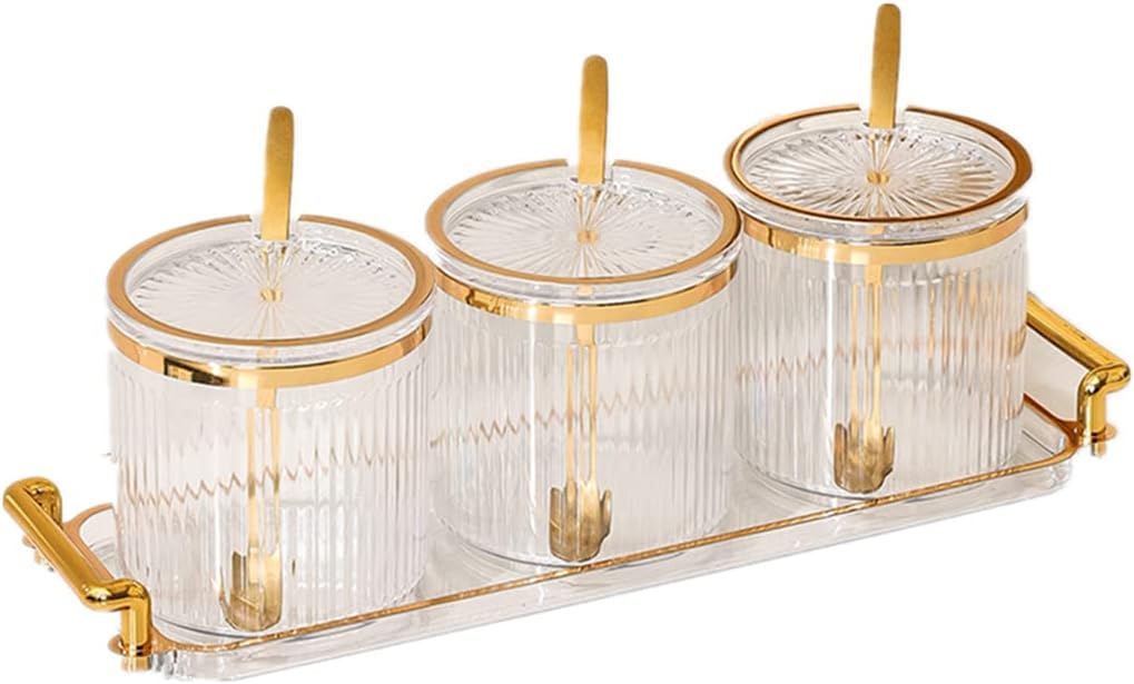 Acrylic Condiment Spice Jars and Box with Lids, Spoons, Tray - 3 Pack, Clear Plastic Canisters
