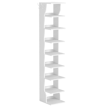 VASAGLE 9-Tier Vertical Shoe Rack, Narrow Shoe Storage Organizer with Hooks, Slim Corner Tower