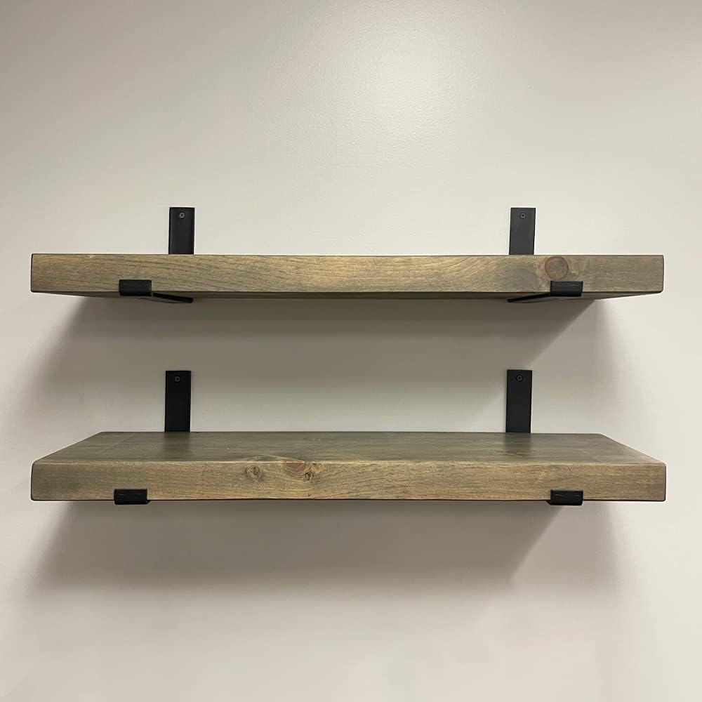 Rustic Shelves with J-Brackets Set of 2, Industrial Shelf, Kitchen Shelves, Solid Wood, Decorative