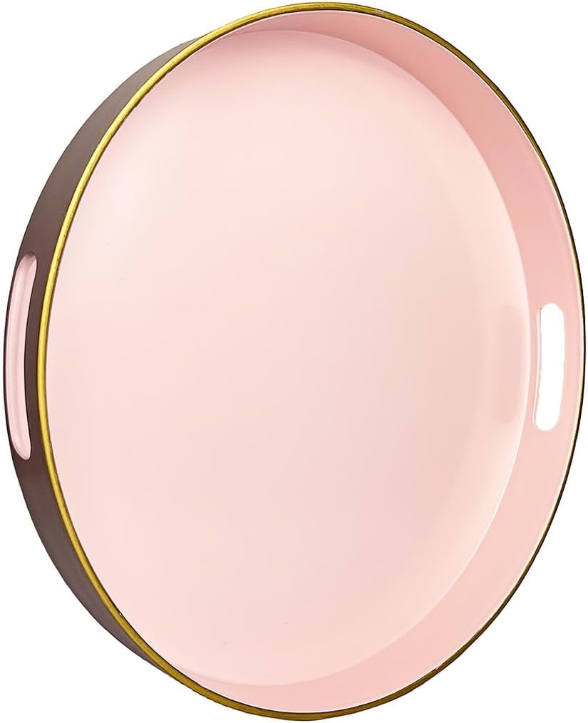 13" Pink Serving Tray with Handles,Round Decorative Tray for Coffee Table, Plastic Modern Coffee