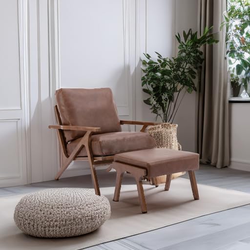 chairus Mid-Century Modern Accent Chair with Ottoman, Faux Leather Armchair with Wood Legs Comfy