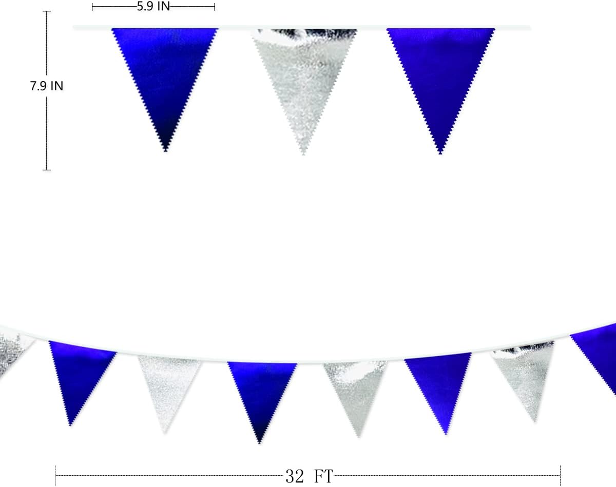 Royal Blue Silver Party Decorations Navy Blue Triangle Pennant Banner Flag Metallic Fabric Bunting