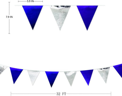 Royal Blue Silver Party Decorations Navy Blue Triangle Pennant Banner Flag Metallic Fabric Bunting