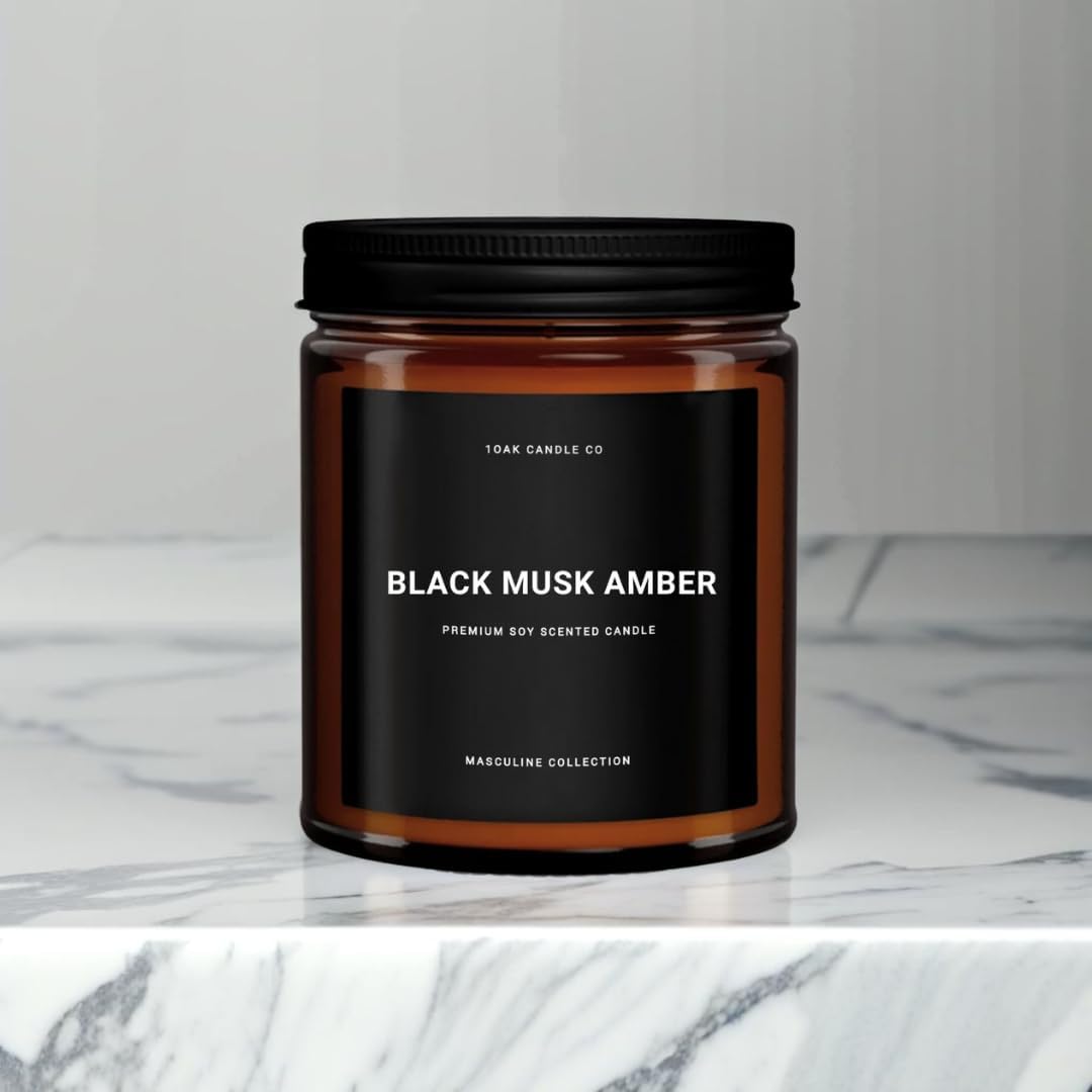 1OAK Black Musk Amber Candle - Soy Wax Scented Candle for Men - 7oz, Long Burning, Masculine