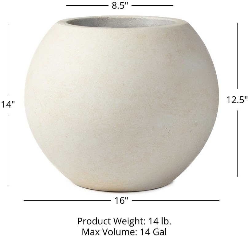 Ash & Ember Onyx 16" D Ceramic Indoor Outdoor Round Sphere Planter, Satin Ivory, Home Decor