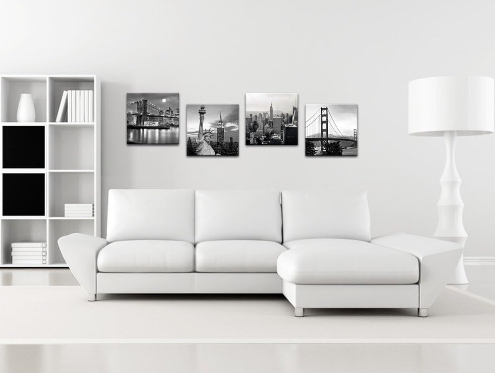 LevvArts Black and White City Wall Art Modern Brooklyn Bridge Picture Prints US Cityscape Canvas