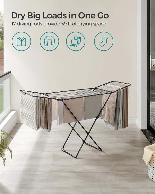 SONGMICS Clothes Drying Rack, Metal Laundry Drying Rack, Foldable, Space-Saving, Free-Standing