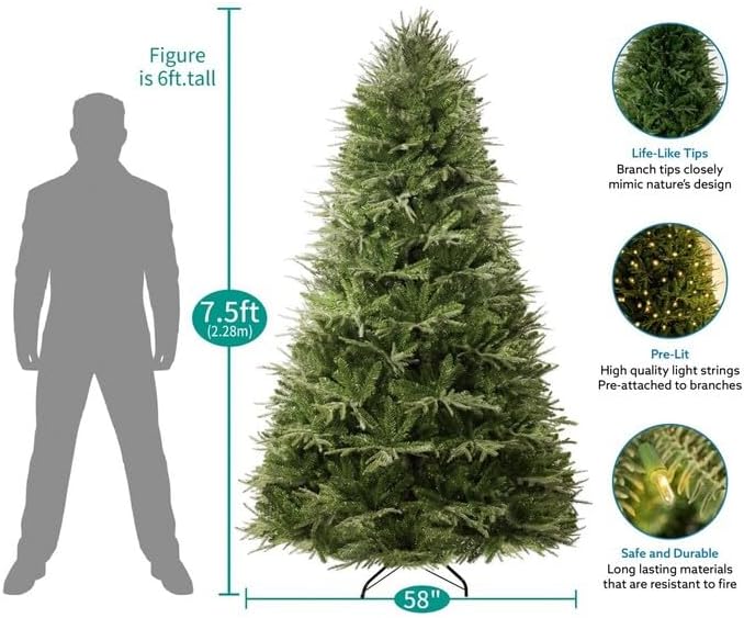 Naomi Home 7.5ft Christmas Tree with Lights, Realistic Prelit with Hinged Design with Foot Pedal