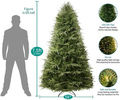 Naomi Home 7.5ft Christmas Tree with Lights, Realistic Prelit with Hinged Design with Foot Pedal