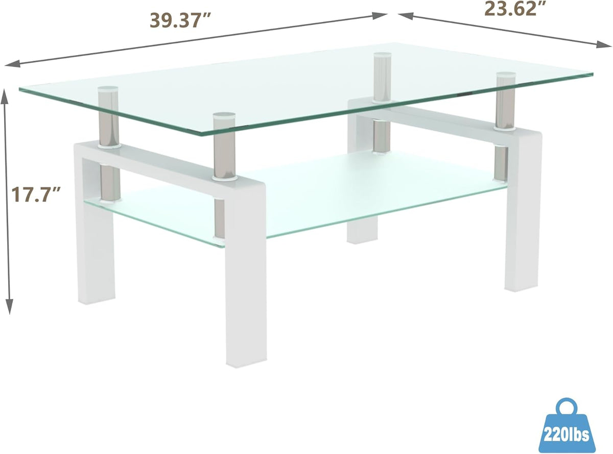 Glass Coffee Table Rectangle White Living Room Center Table, 39inch Transparent Tempered Glass
