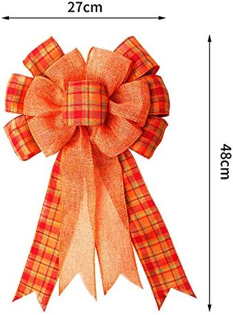 Iceyyyy 3Pcs Large Fall Thanksgiving Wreath Gift Bow -18.8x10.6inch Orange Buffalo Plaid Check