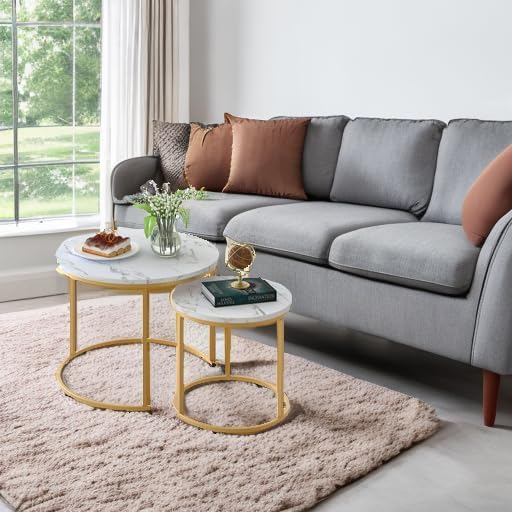 aboxoo Coffee Table Nesting White Set of 2 Side Set Golden Frame Circular Round and Marble Pattern