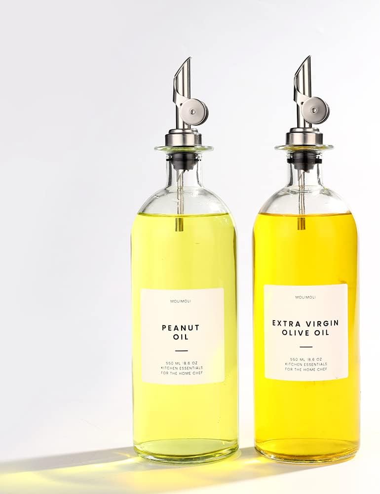 Molimoli Oil and Vinegar Dispenser with Metal Pour Spout, Weighted Pourer, Glass Bottle Dispenser