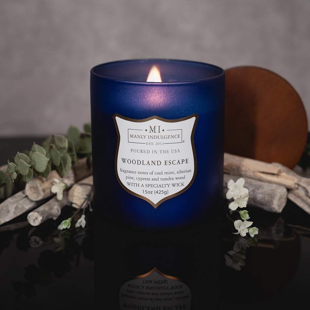 Manly Indulgence Woodland Escape Scented Candles for Men, 15 oz Wooden Wick, Premium Soy Blend Wax