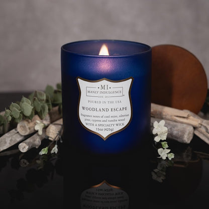 Manly Indulgence Woodland Escape Scented Candles for Men, 15 oz Wooden Wick, Premium Soy Blend Wax