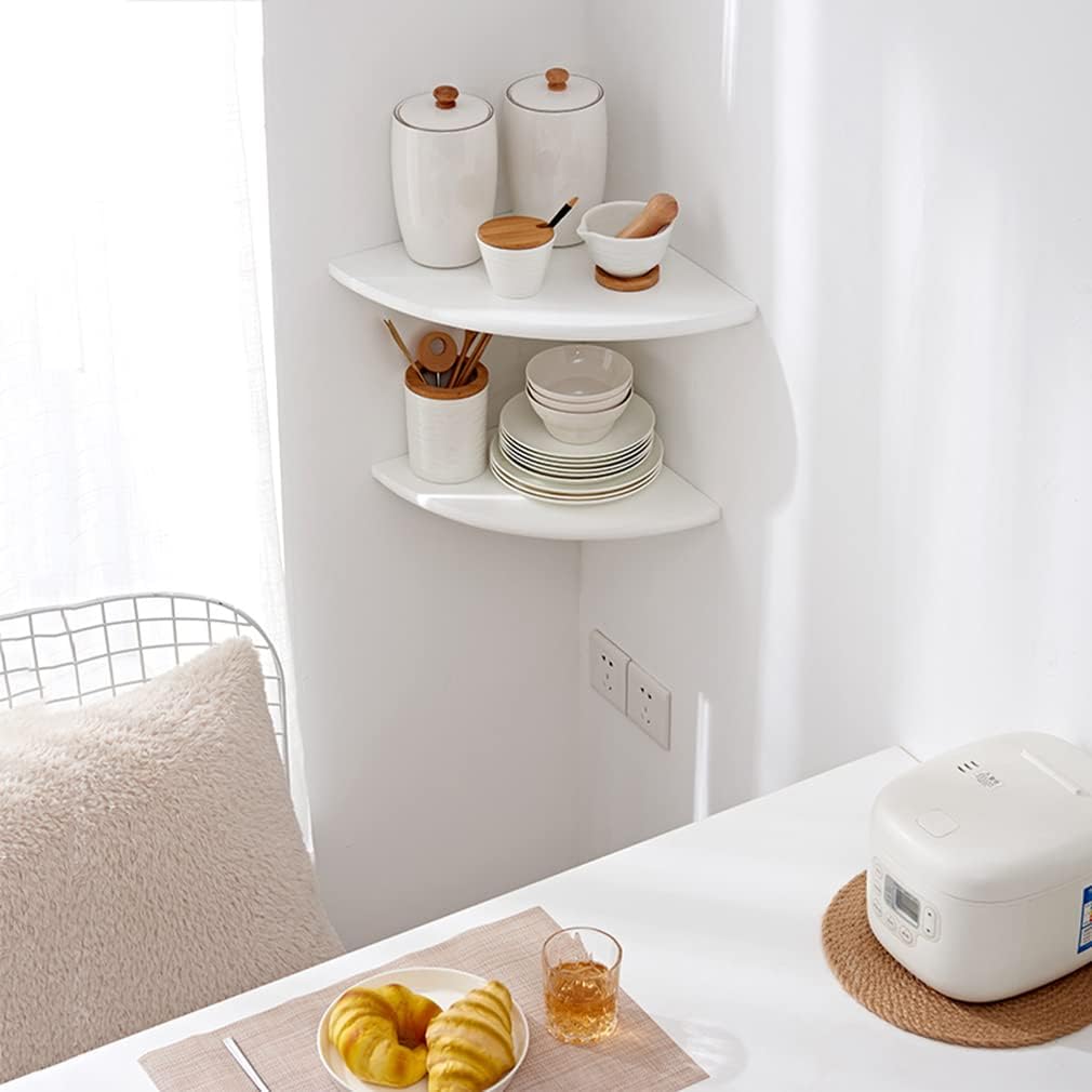 Corner Shelf, White Solid Oak Wood Floating Corner Shelves Wall Mount Round End Floating Speaker