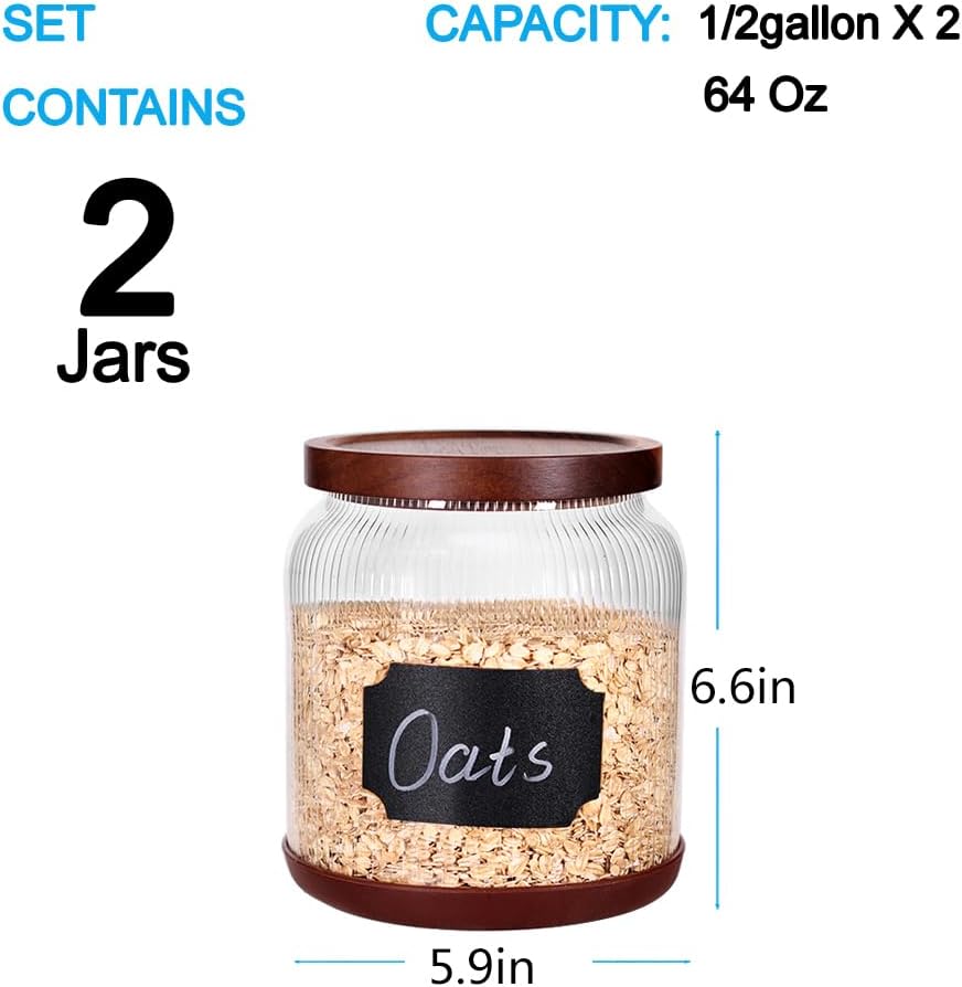 SAIOOL 2-Pack Striped Borosilicate Glass Airtight Canisters - Big mouth Large Capacity, Acacia Wood