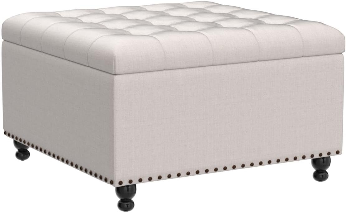 Tbfit Large Square Storage Ottoman Bench, Botton Tufted Upholstered Coffee Table with Wooden Legs