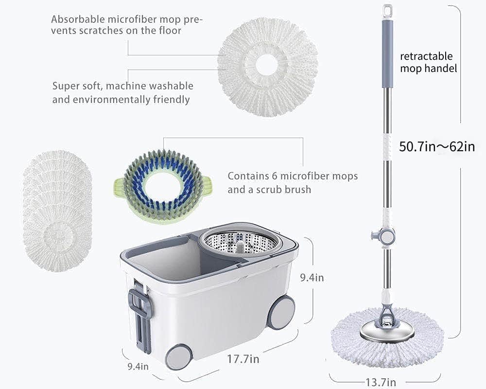 Spin Mop Bucket Deluxe 360 Spinning Floor Cleaning System with 6 Microfiber Replacement Head