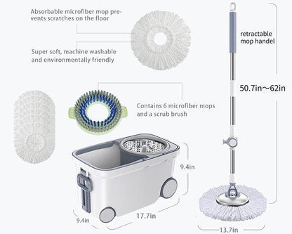 Spin Mop Bucket Deluxe 360 Spinning Floor Cleaning System with 6 Microfiber Replacement Head