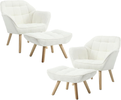 Modern Sherpa Accent Chair with Ottoman Set of 2, Fluffy Upholstered Lounge Chair with Footrest