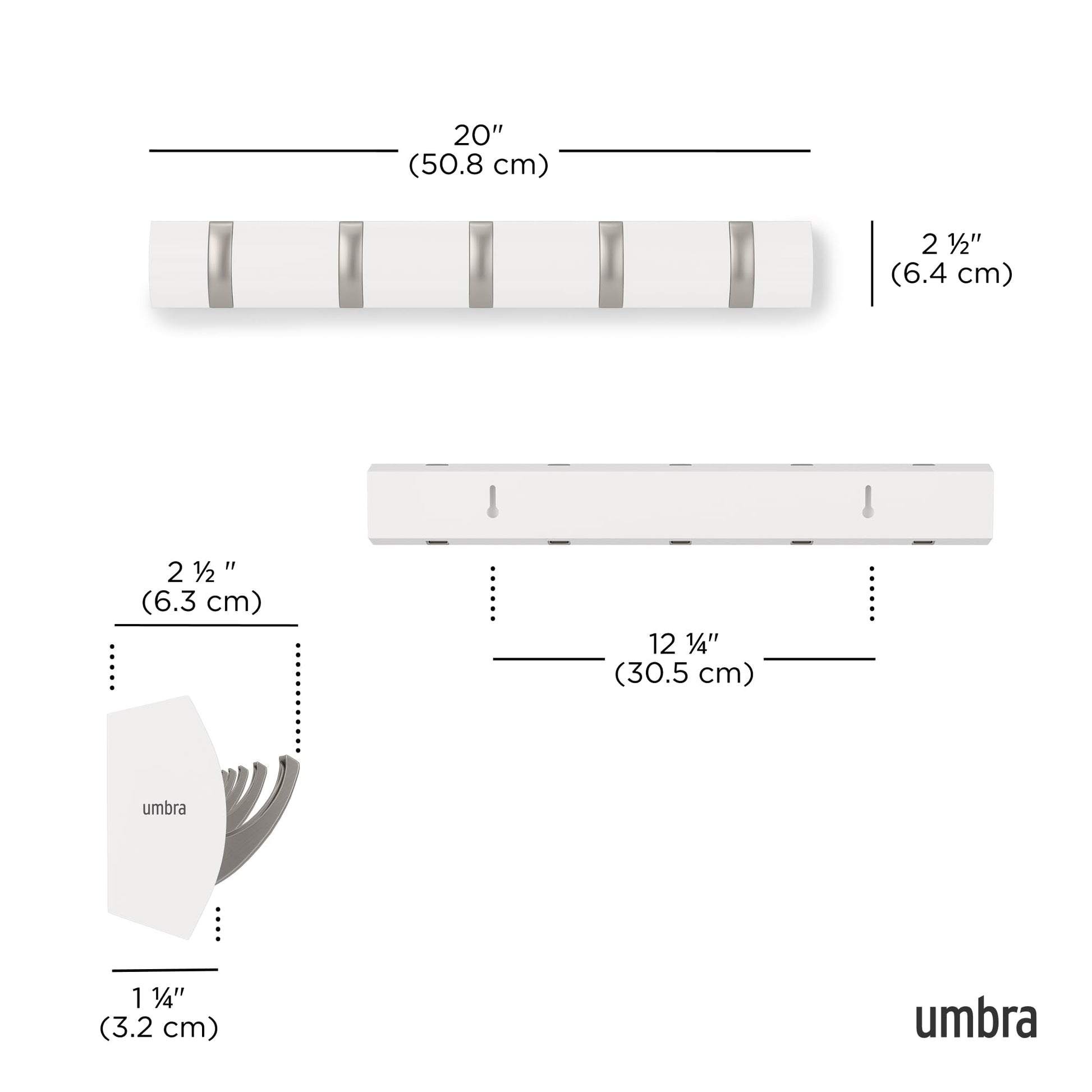 Umbra Flip Coat Rack, Wall Mounted 5-Hook Space Saving, White/Nickel