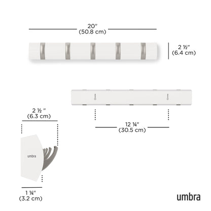 Umbra Flip Coat Rack, Wall Mounted 5-Hook Space Saving, White/Nickel