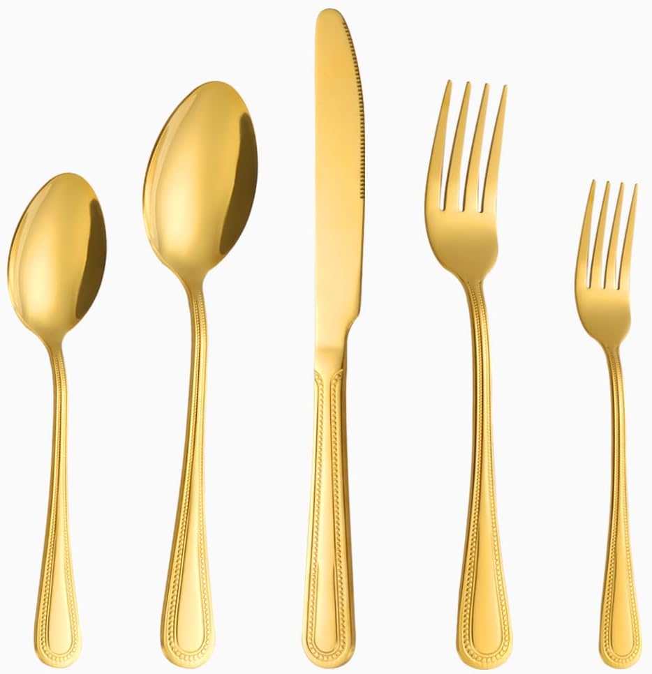 40 Pcs Gold Silverware Set for 8 with Pearled Edge Handle design, Food Grade Stainless Steel