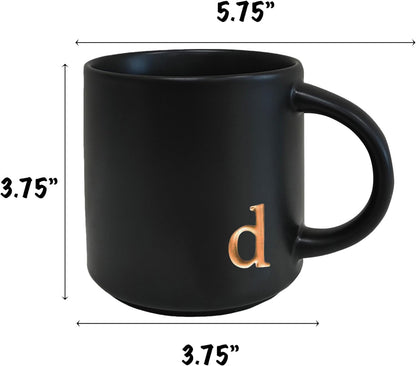 COLLECTIVE HOME - Black Monogram Ceramic Mugs, 15 oz Golden Initial Coffee Cups, Elegant Alphabet