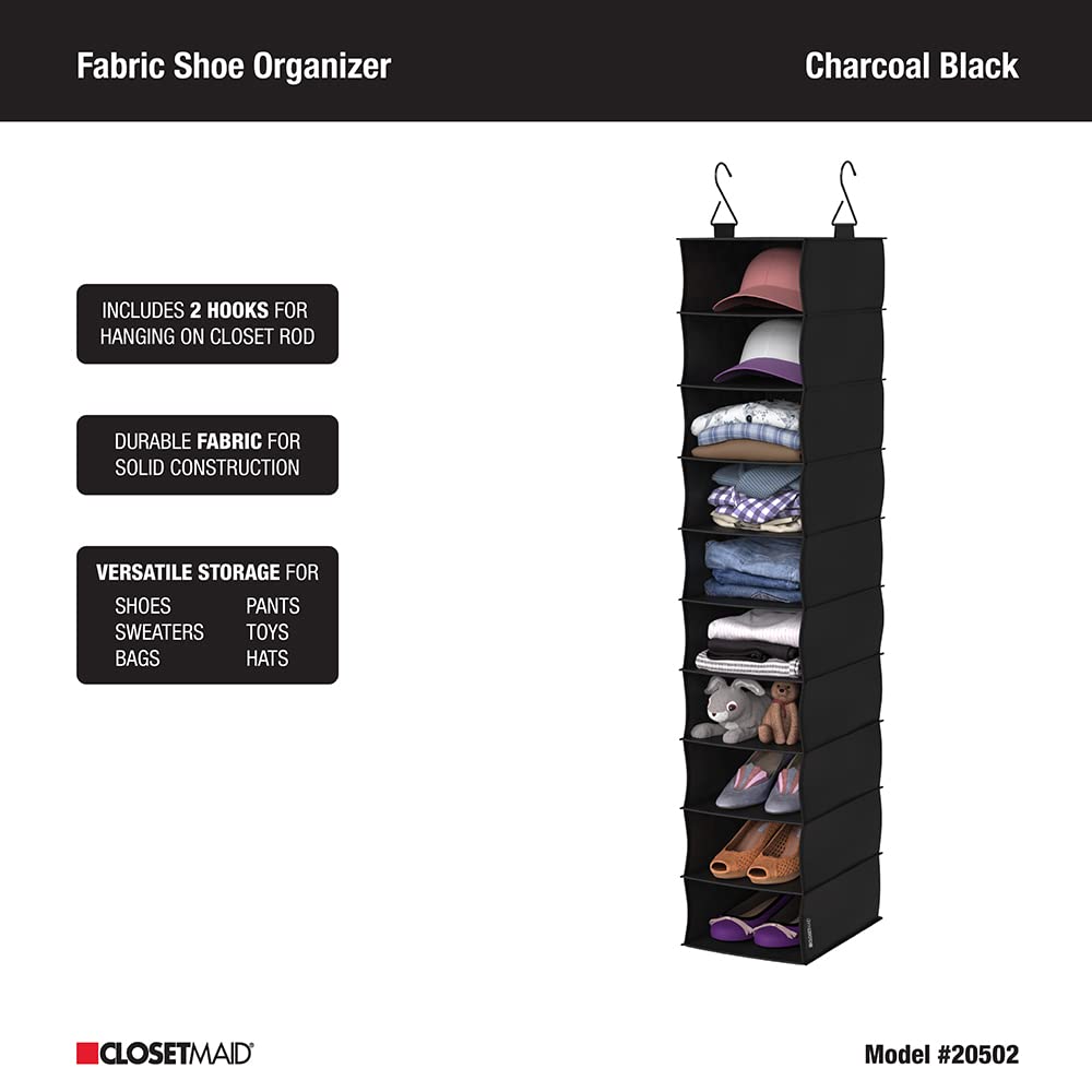 ClosetMaid 10-Shelf Fabric Hanging Shoe Storage Organizer for Closet, Charcoal Black