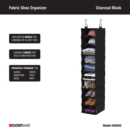 ClosetMaid 10-Shelf Fabric Hanging Shoe Storage Organizer for Closet, Charcoal Black
