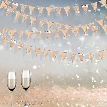 30Ft Champagne Gold Party Decorations Triangle Pennant Banner Gold Hanging Paper Flag Bunting for