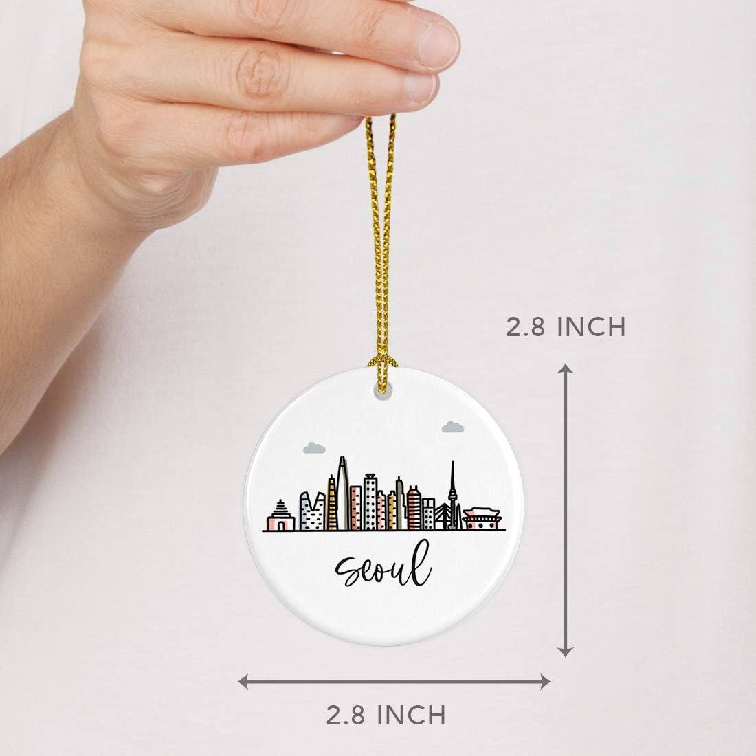 Andaz Press Round Ceramic Porcelain Christmas Tree Ornament Keepsake Gift, Seoul, Colorful