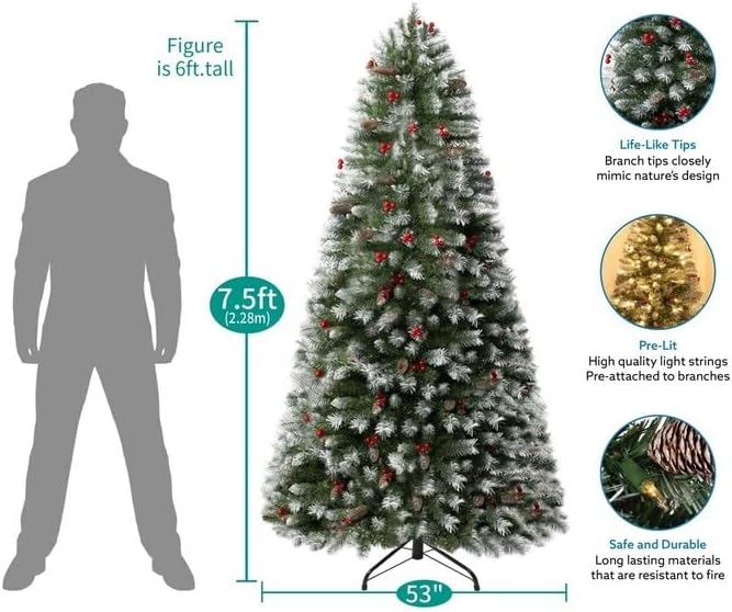 Naomi Home 7 5ft Snow Flocked Christmas Tree with Lights Realistic Spruce Christmas Tree with Pine