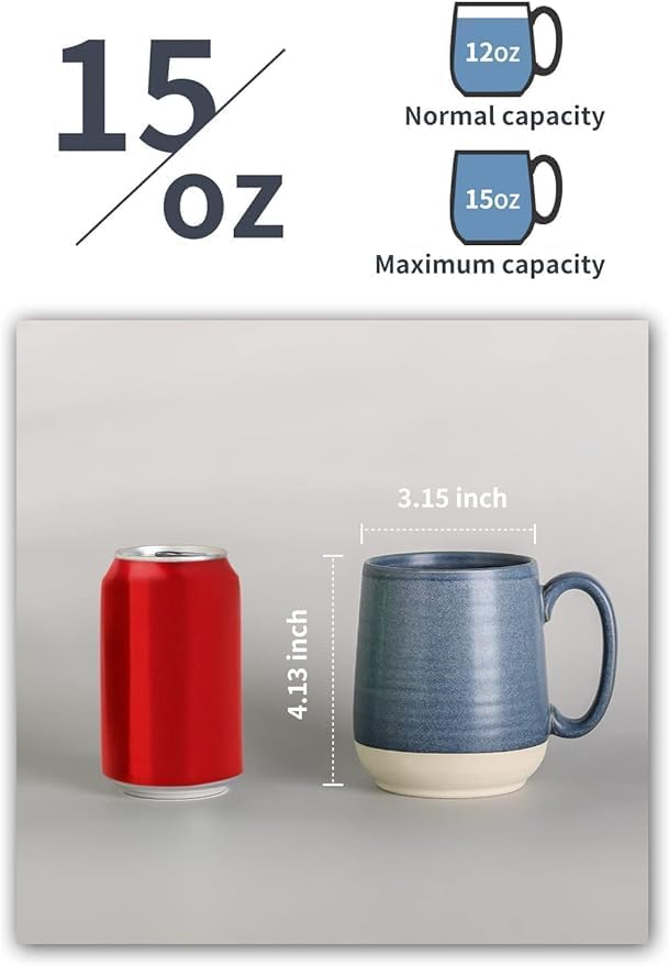 Hasense 15 Ounce Porcelain Coffee Mugs Set of 4 with Large Handle Perfect for Coffee, Tea, Milk
