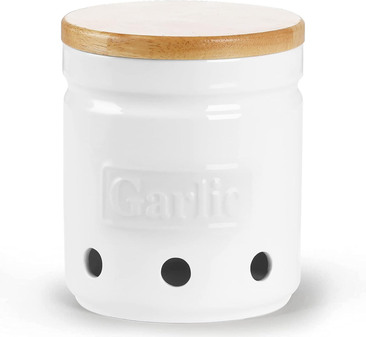 Large Garlic Keeper with Wooden Lid, Ceramic Garlic Holder Storage, Garlic Container for Kitchen