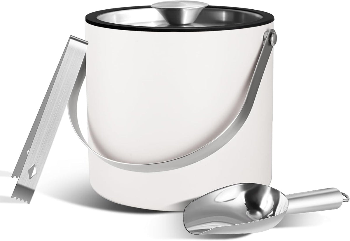 Insulated Ice Bucket with Silicone Lid, Scoop, Tongs & Strainer, 3L Stainless Steel Double Wall Ice